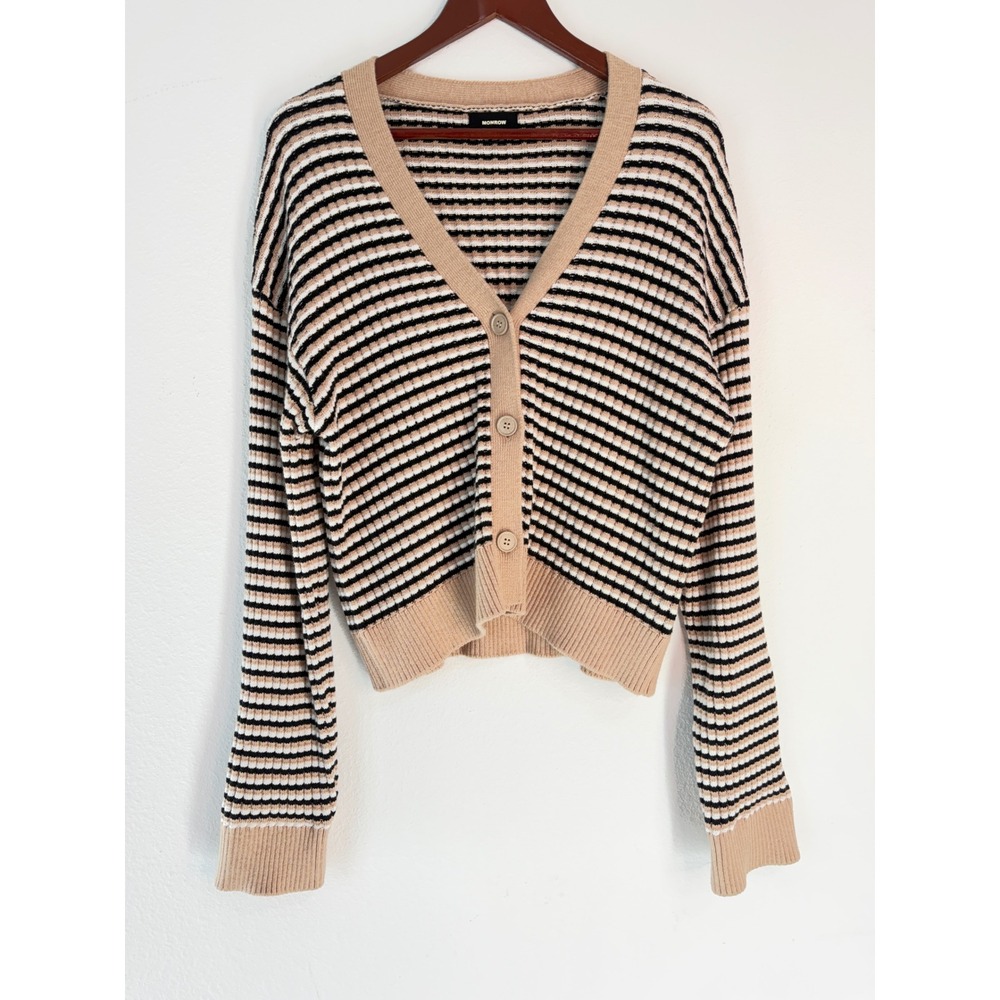Monrow Chunky Neutral Striped Boxy Cardigan Sweater Cropped Oversized Small